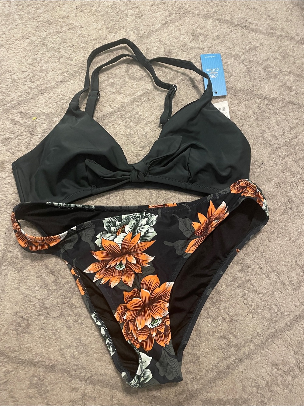 Cupshe Black Bikini Set with Orange Floral Bottoms